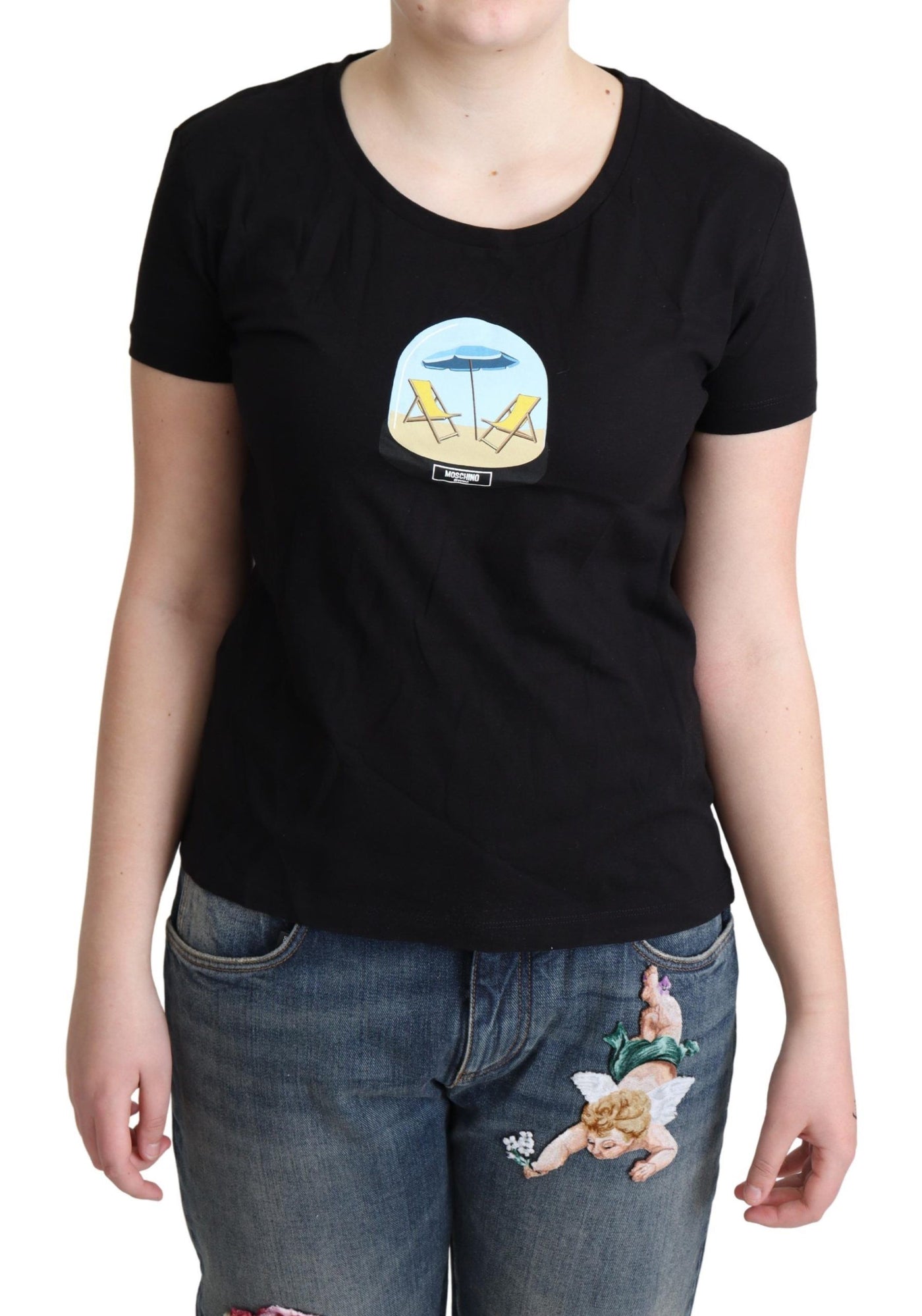 T-shirt à manches courtes en coton imprimé noir Moschino