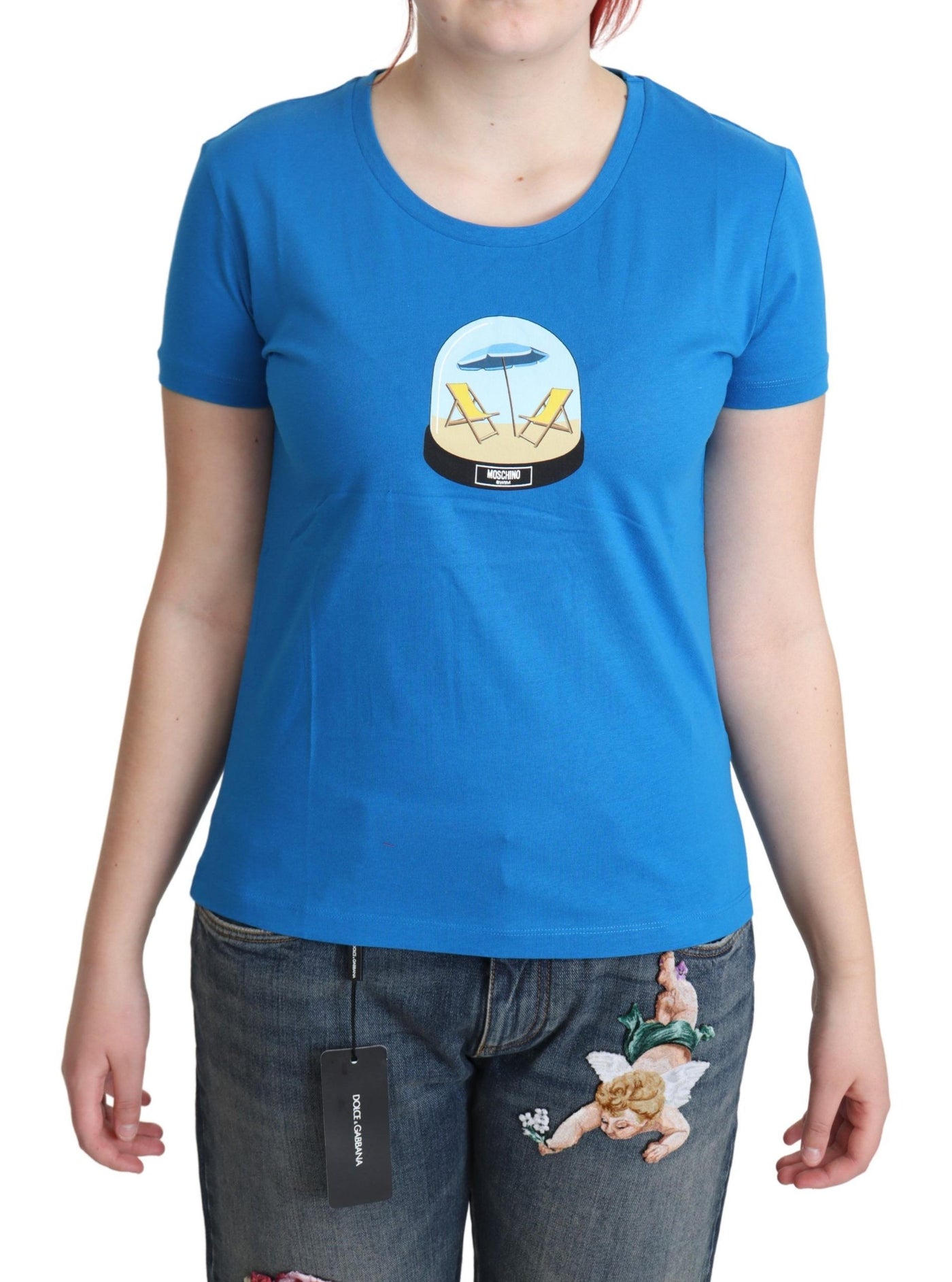 T-shirt à manches courtes en coton imprimé bleu Moschino