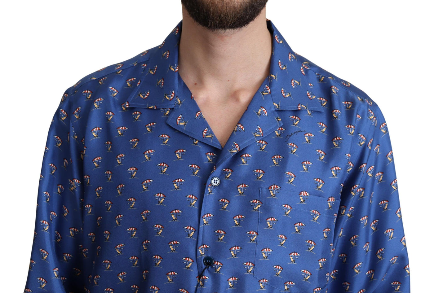 Chemise en soie bleue à imprimé parasol et chaise de plage Dolce &amp; Gabbana