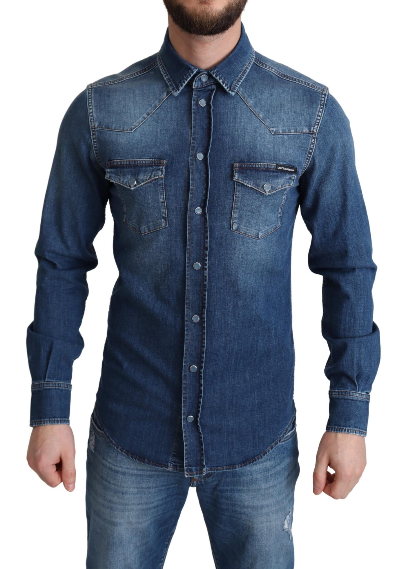 Dolce &amp; Gabbana Blauw Katoenen Stretch Denim Shirt met Lange Mouwen