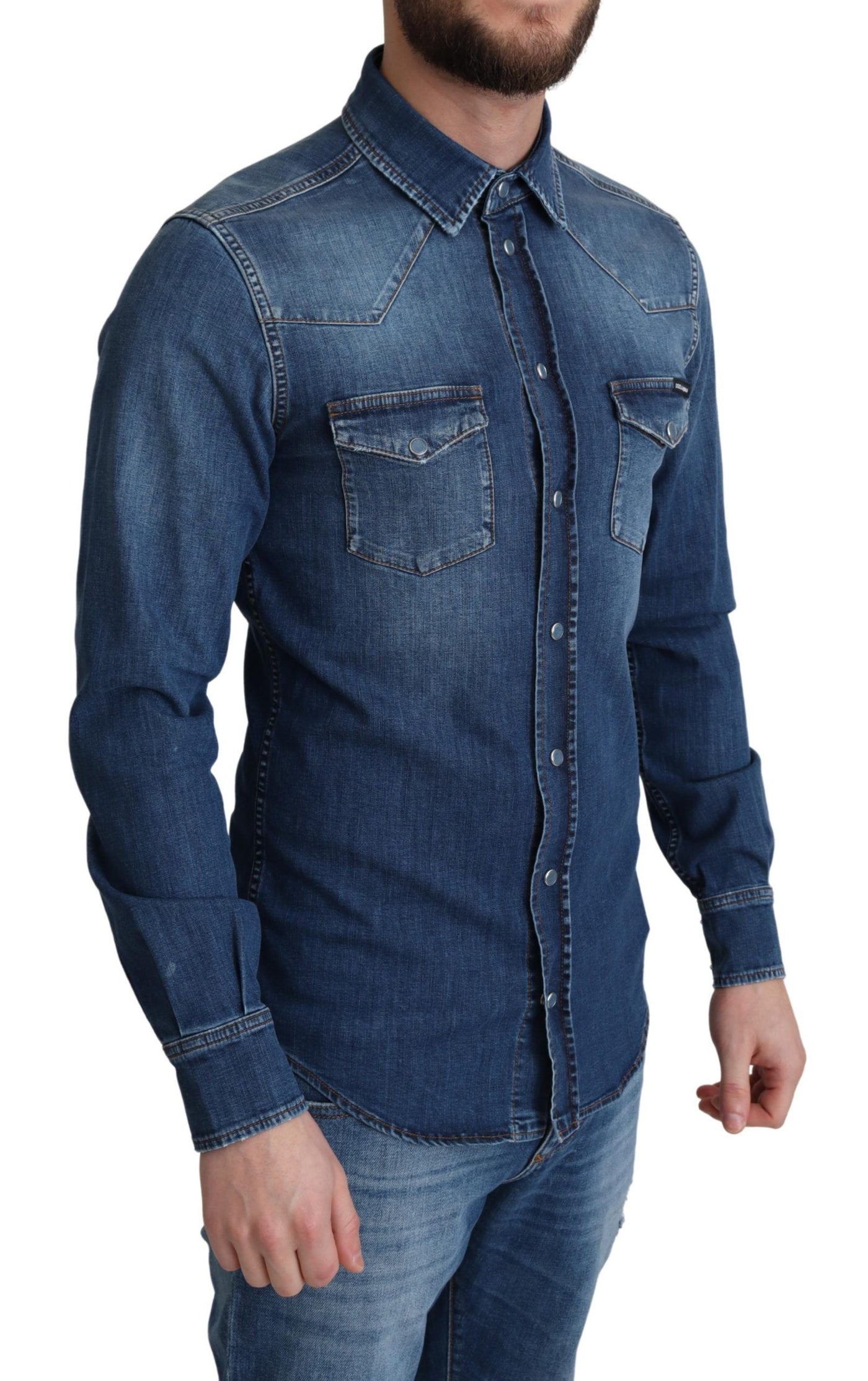 Dolce &amp; Gabbana Blauw Katoenen Stretch Denim Shirt met Lange Mouwen