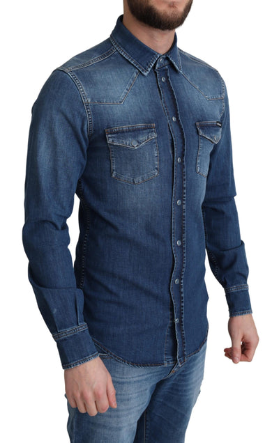 Dolce &amp; Gabbana Blauw Katoenen Stretch Denim Shirt met Lange Mouwen