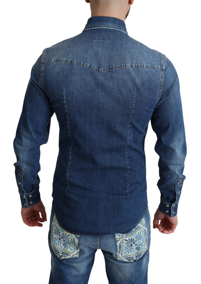 Dolce &amp; Gabbana Blauw Katoenen Stretch Denim Shirt met Lange Mouwen