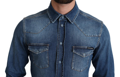 Dolce &amp; Gabbana Blauw Katoenen Stretch Denim Shirt met Lange Mouwen