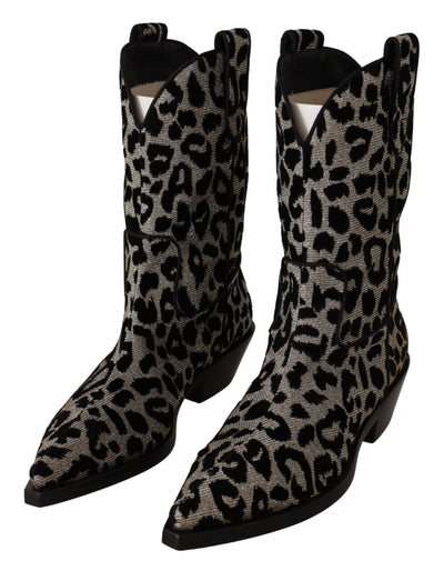 Bottes de cowboy léopard grises et noires Dolce &amp; Gabbana