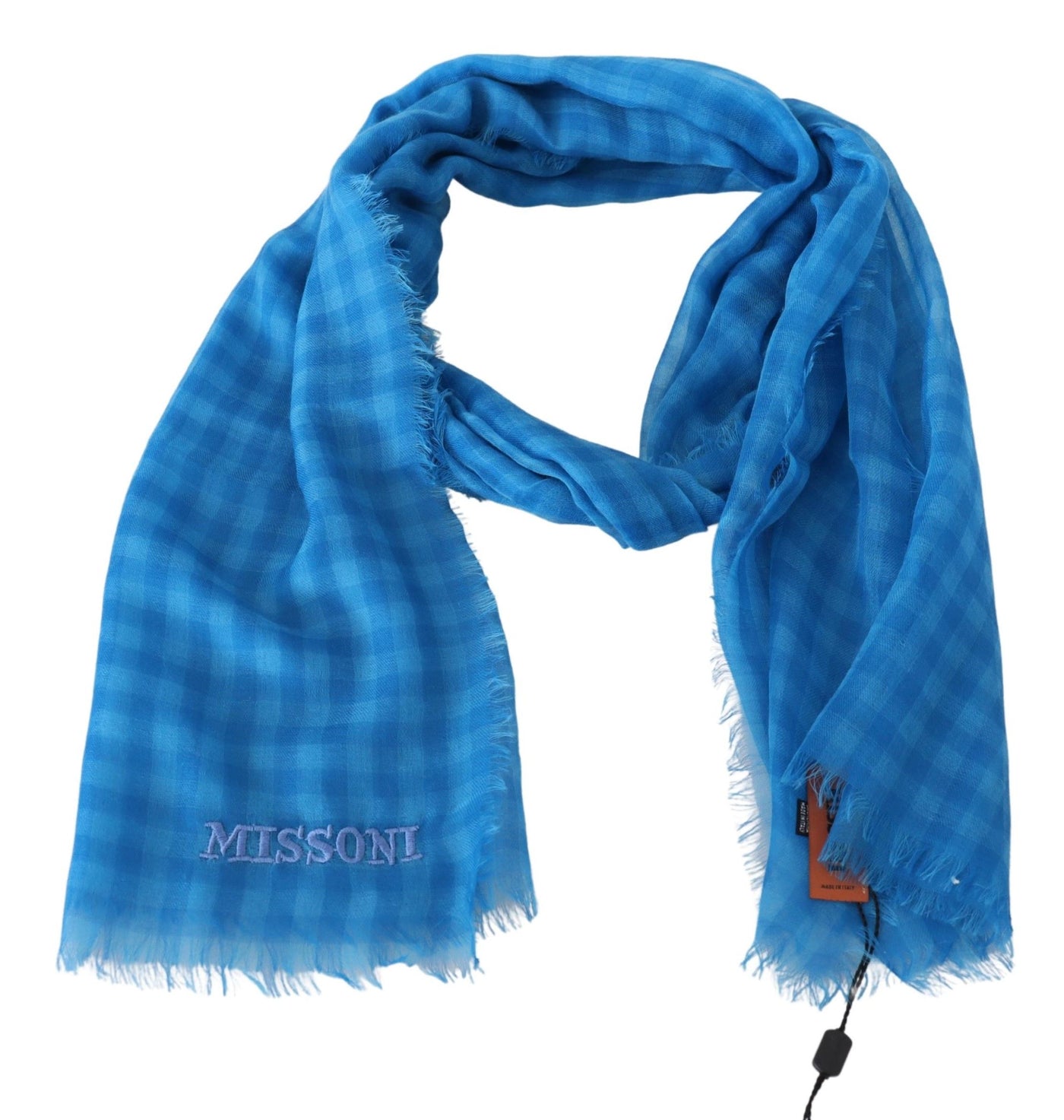 Écharpe portefeuille unisexe à franges en cachemire à carreaux bleus Missoni