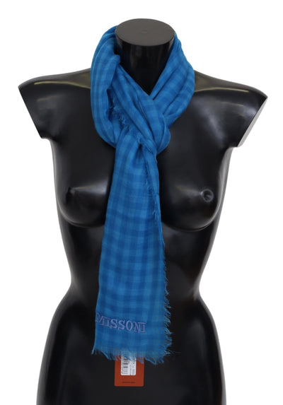 Écharpe portefeuille unisexe à franges en cachemire à carreaux bleus Missoni