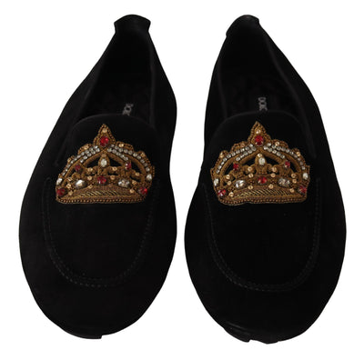 Dolce &amp; Gabbana Zwarte Leren Kristallen Gouden Kroon Loafers Schoenen