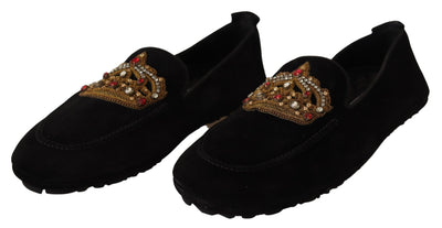 Dolce &amp; Gabbana Zwarte Leren Kristallen Gouden Kroon Loafers Schoenen
