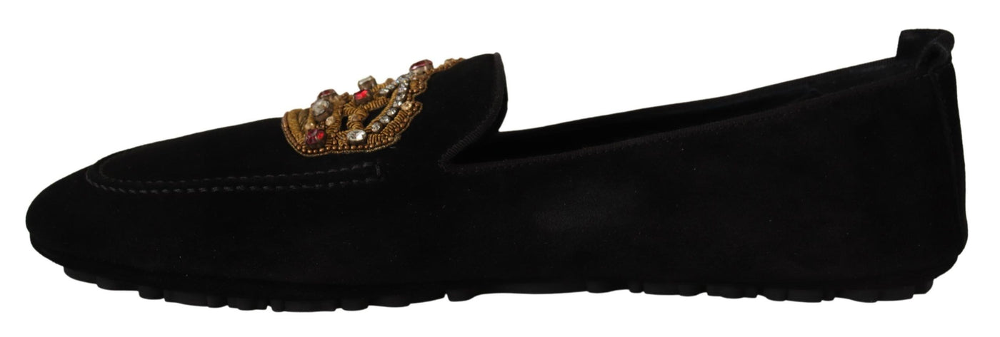 Dolce &amp; Gabbana Zwarte Leren Kristallen Gouden Kroon Loafers Schoenen