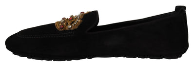 Dolce &amp; Gabbana Zwarte Leren Kristallen Gouden Kroon Loafers Schoenen