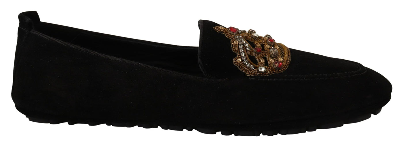Dolce &amp; Gabbana Zwarte Leren Kristallen Gouden Kroon Loafers Schoenen