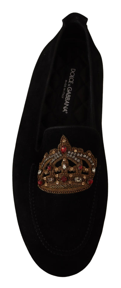 Dolce &amp; Gabbana Zwarte Leren Kristallen Gouden Kroon Loafers Schoenen