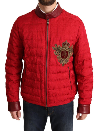 Dolce &amp; Gabbana Blouson Bomber Brocart Rouge Logo Couronne Dorée