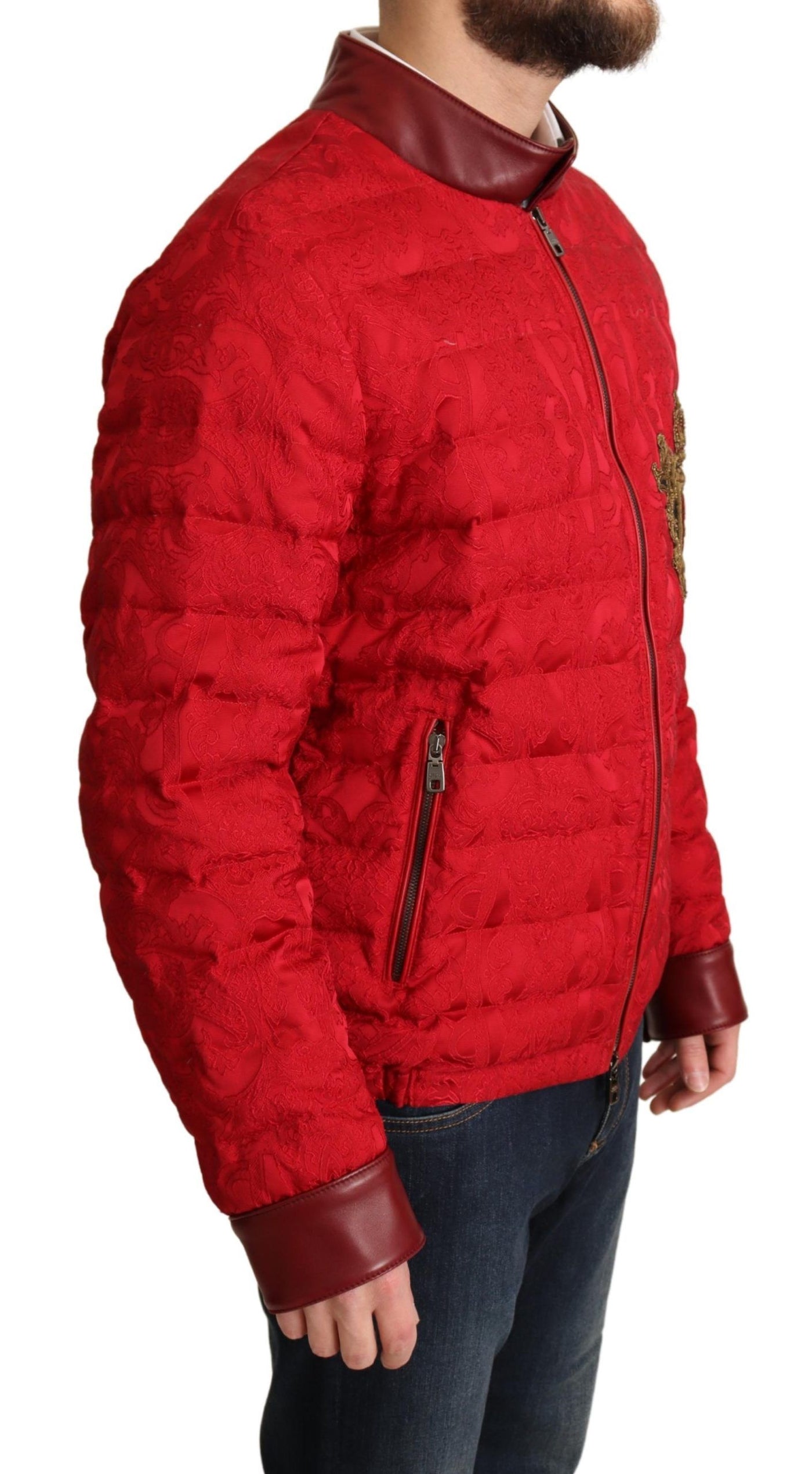 Dolce &amp; Gabbana Blouson Bomber Brocart Rouge Logo Couronne Dorée