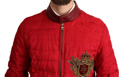 Dolce &amp; Gabbana Blouson Bomber Brocart Rouge Logo Couronne Dorée