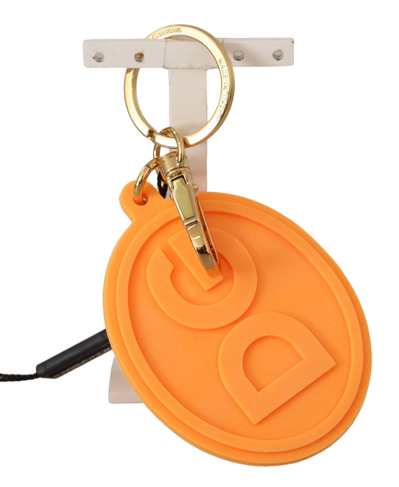 Dolce &amp; Gabbana oranje rubberen DG-logo gouden messing metalen sleutelhanger