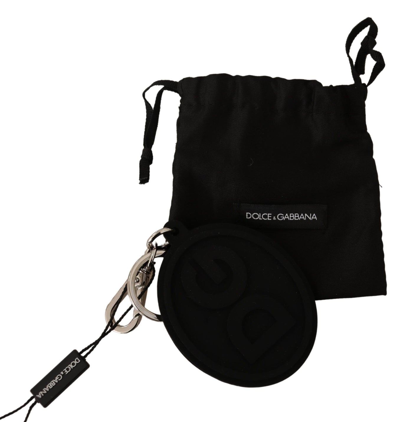 Dolce &amp; Gabbana zwarte rubberen DG-logo zilveren messing metalen sleutelhanger