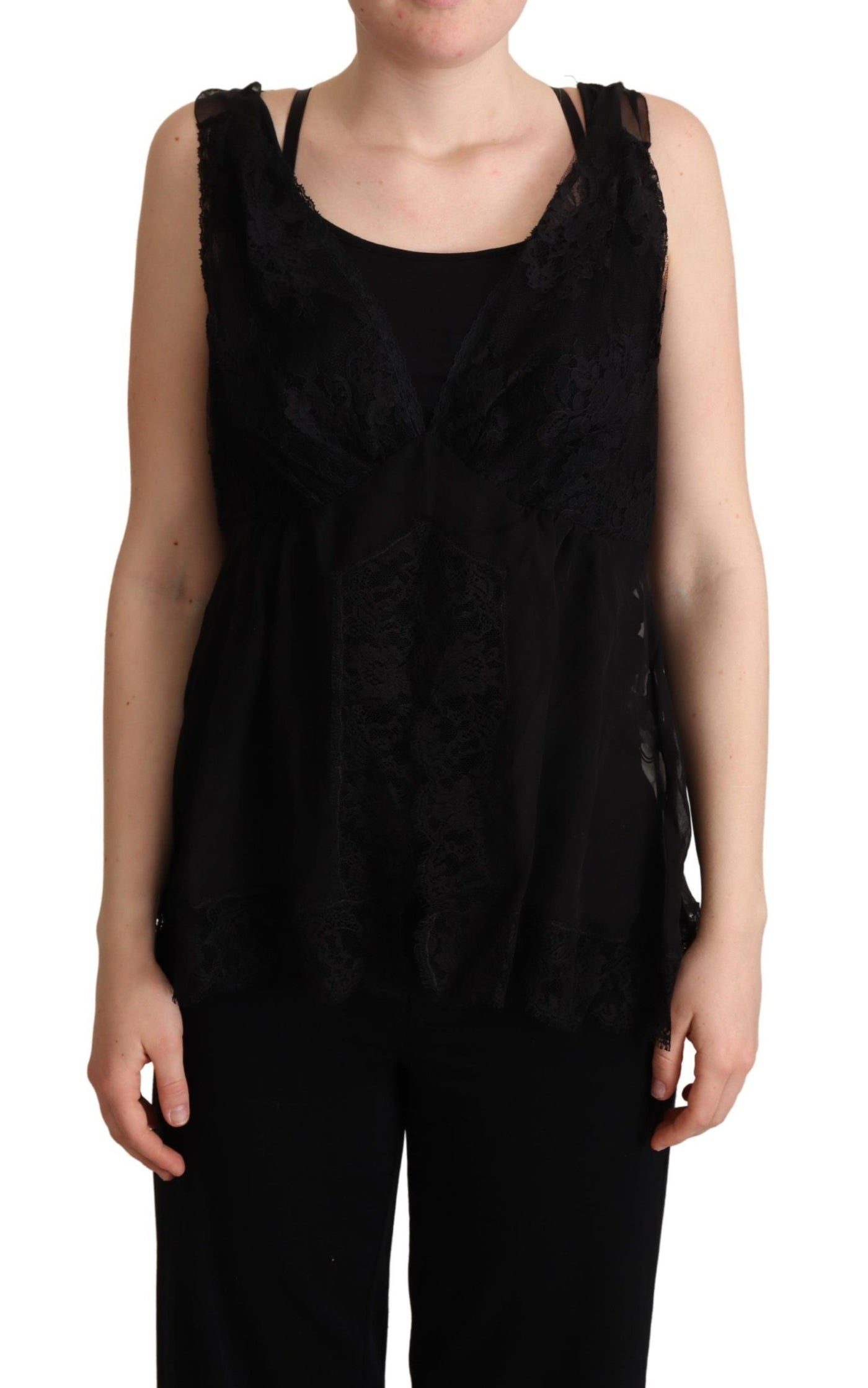 Dolce &amp; Gabbana Zwarte Zijden Tanktop met Kanten Trim