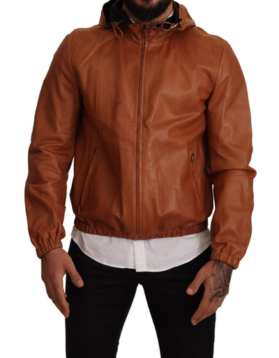 Dolce &amp; Gabbana - Manteau à capuche en cuir d'agneau marron