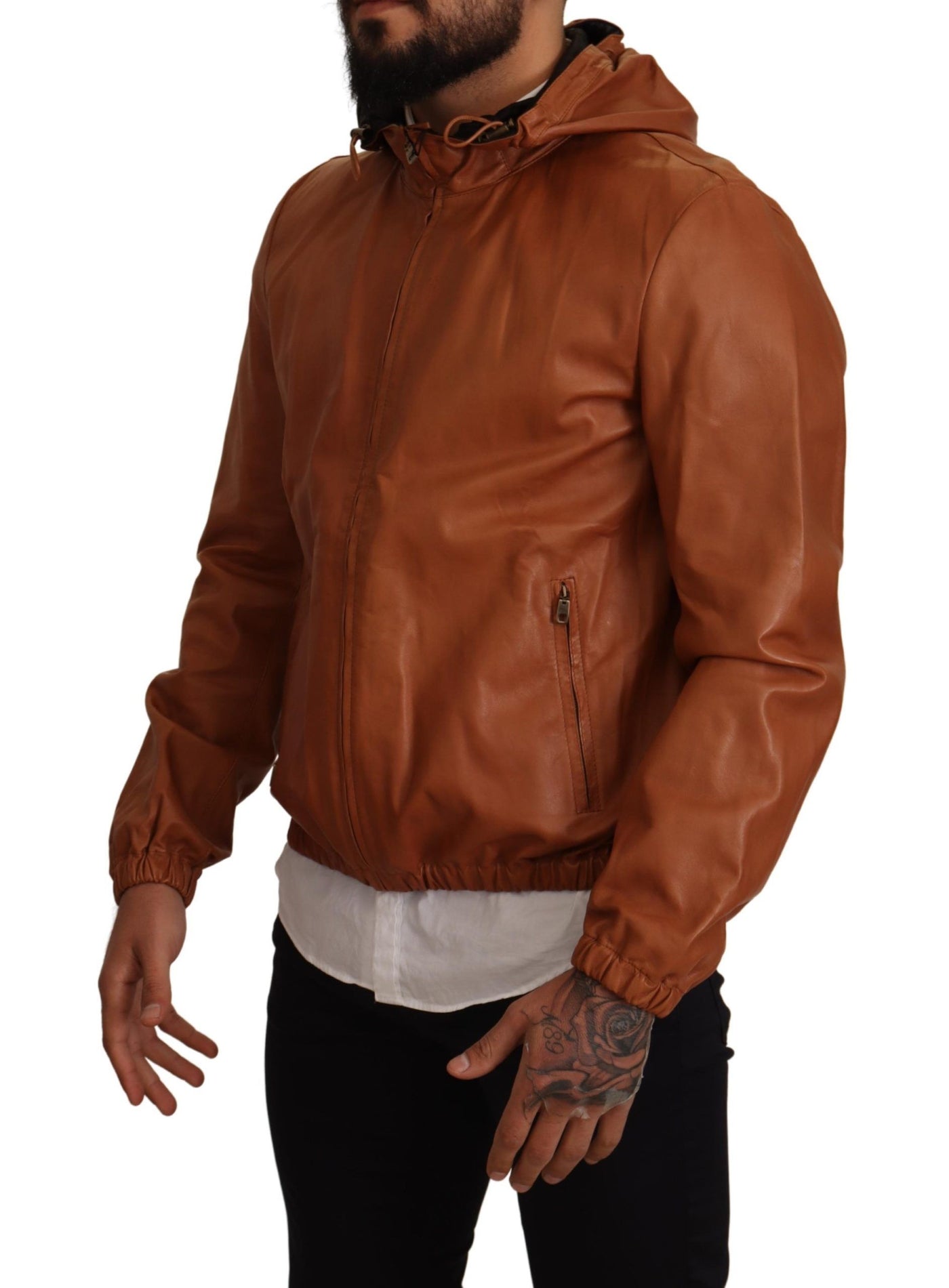 Dolce &amp; Gabbana - Manteau à capuche en cuir d'agneau marron