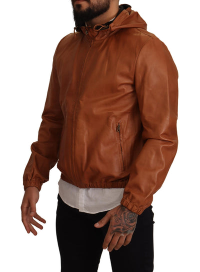 Dolce &amp; Gabbana - Manteau à capuche en cuir d'agneau marron