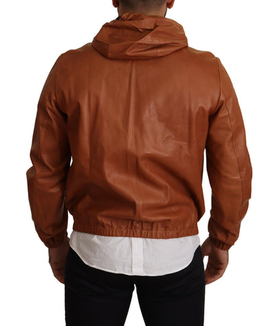 Dolce &amp; Gabbana - Manteau à capuche en cuir d'agneau marron
