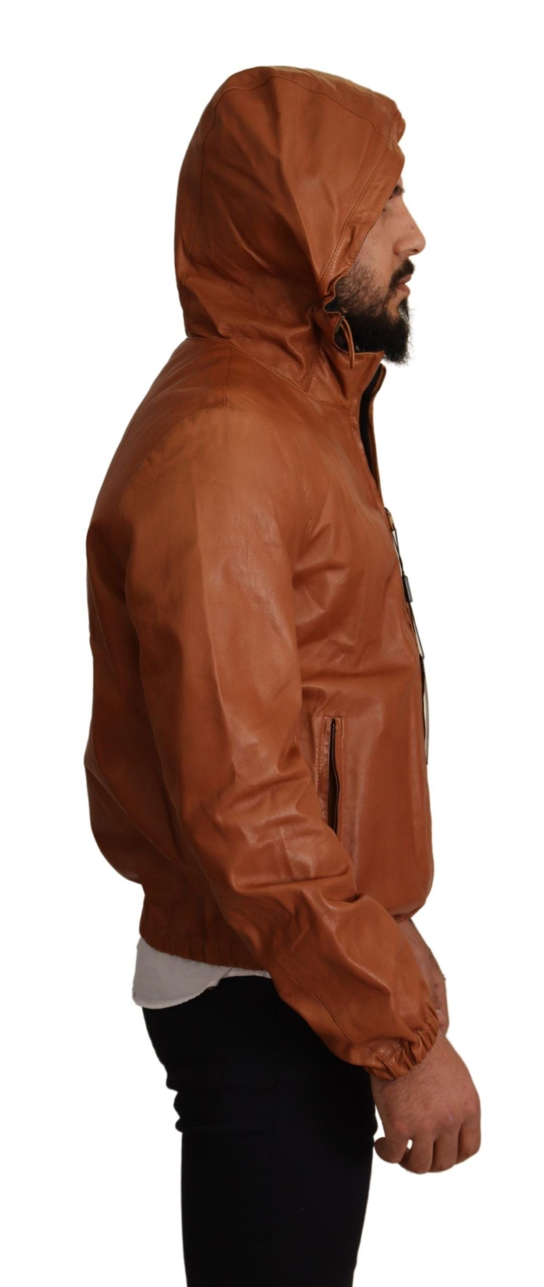 Dolce &amp; Gabbana - Manteau à capuche en cuir d'agneau marron