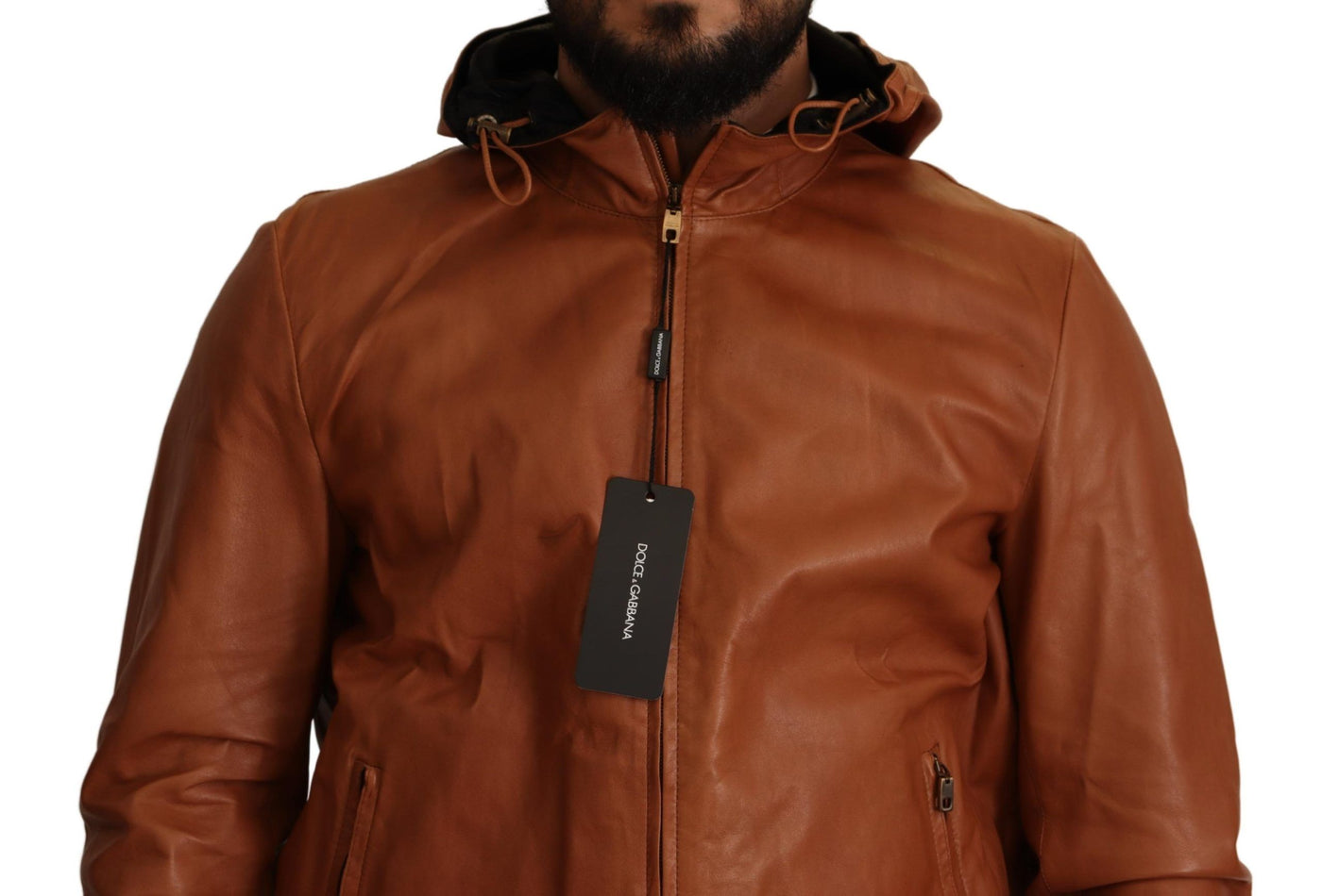 Dolce &amp; Gabbana - Manteau à capuche en cuir d'agneau marron