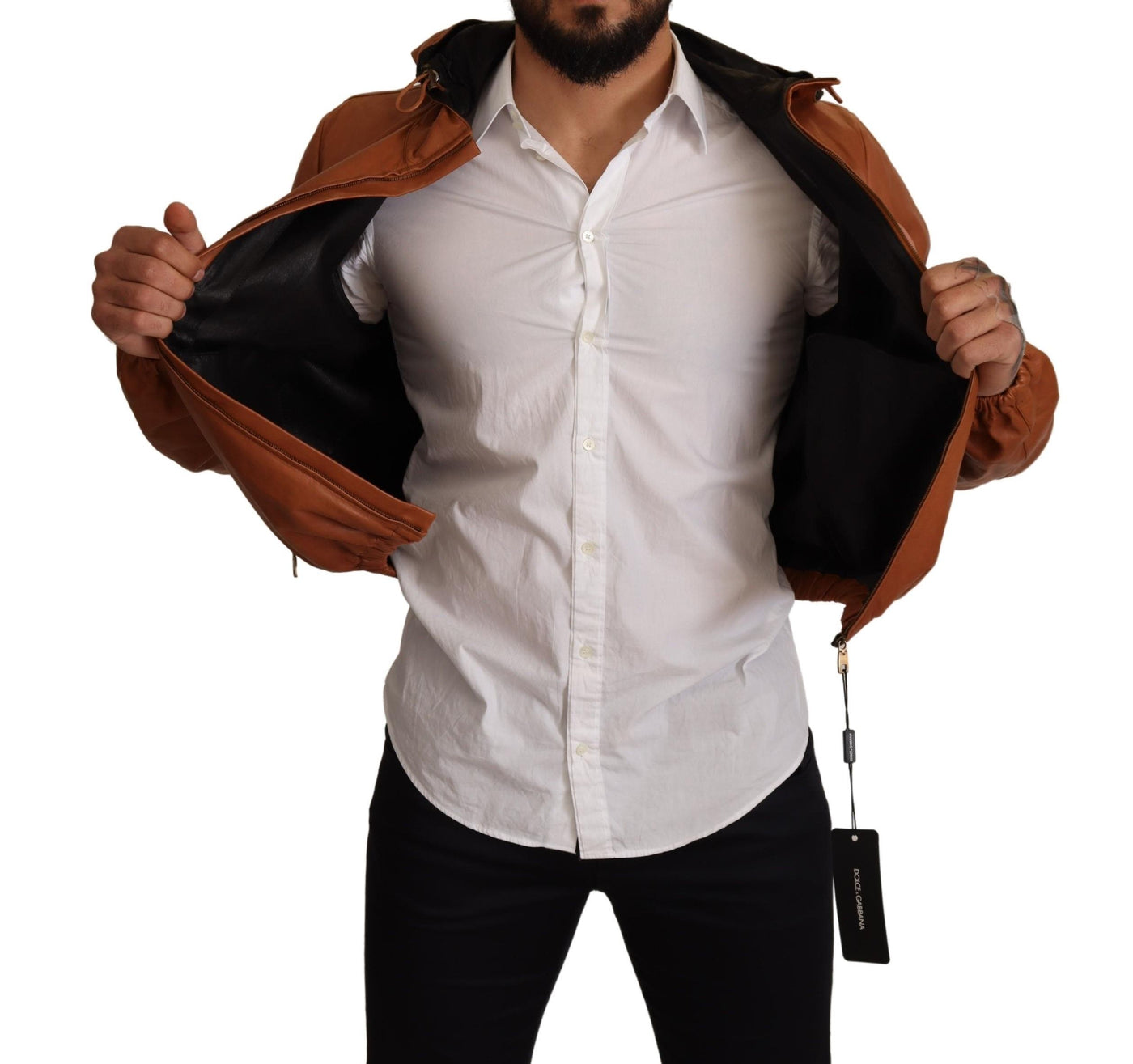 Dolce &amp; Gabbana - Manteau à capuche en cuir d'agneau marron