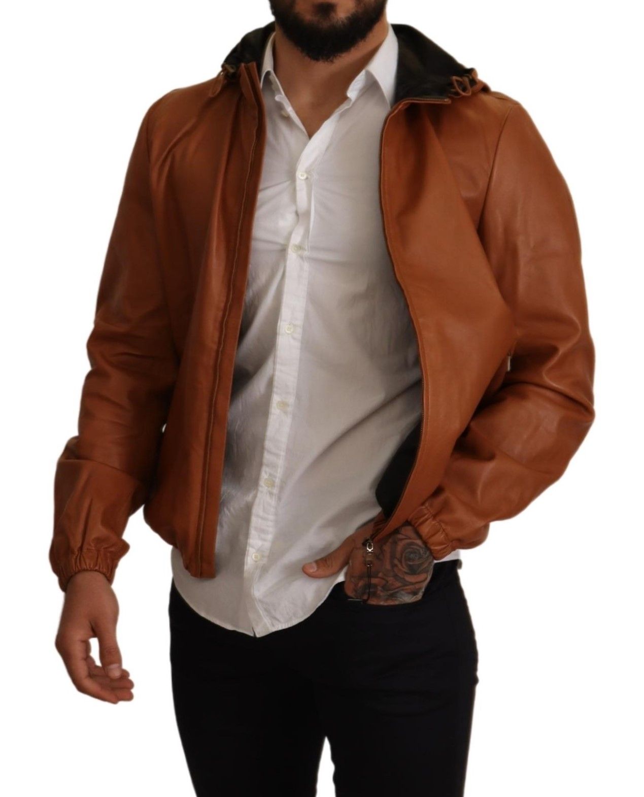 Dolce &amp; Gabbana - Manteau à capuche en cuir d'agneau marron