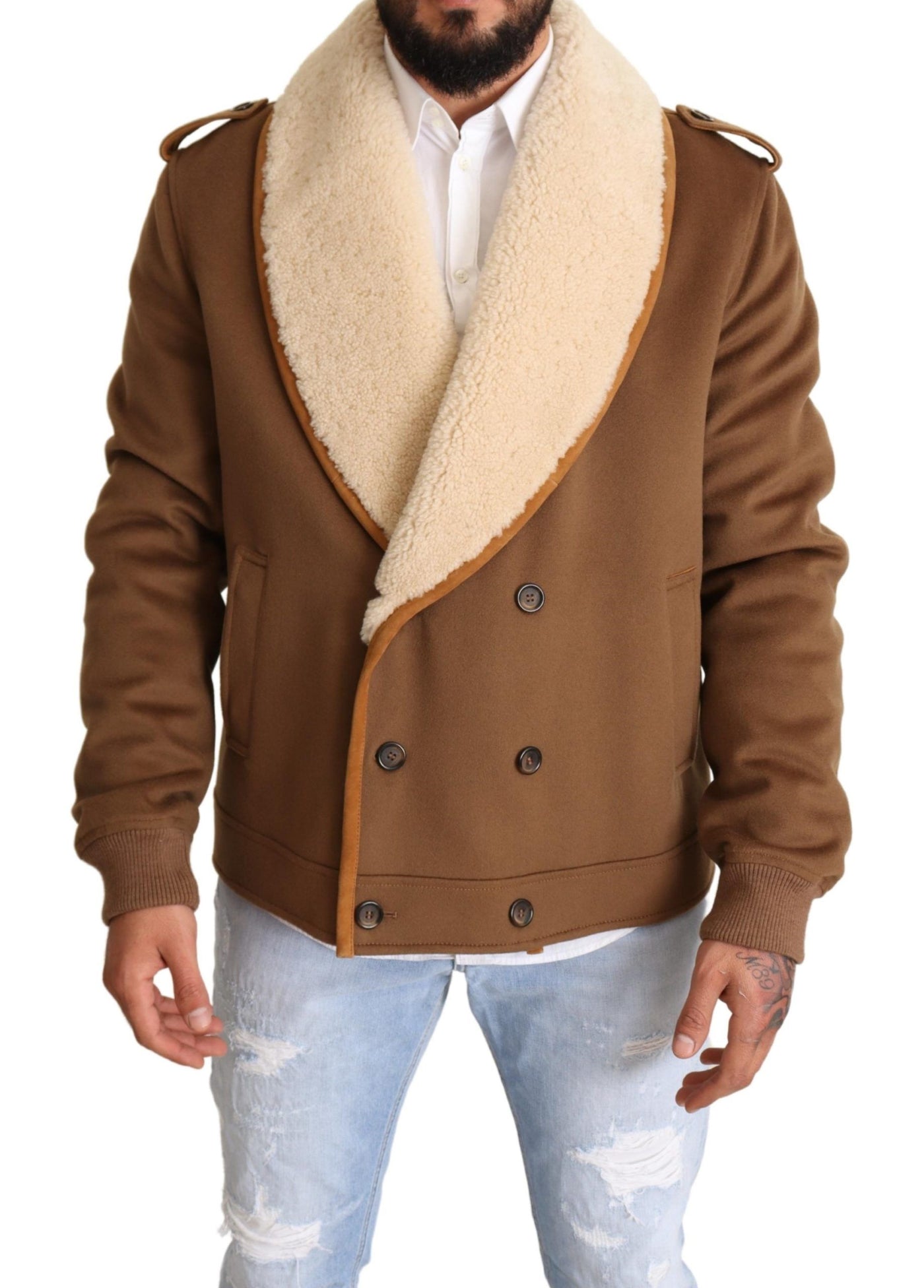 Dolce &amp; Gabbana Manteau croisé en peau lainée marron