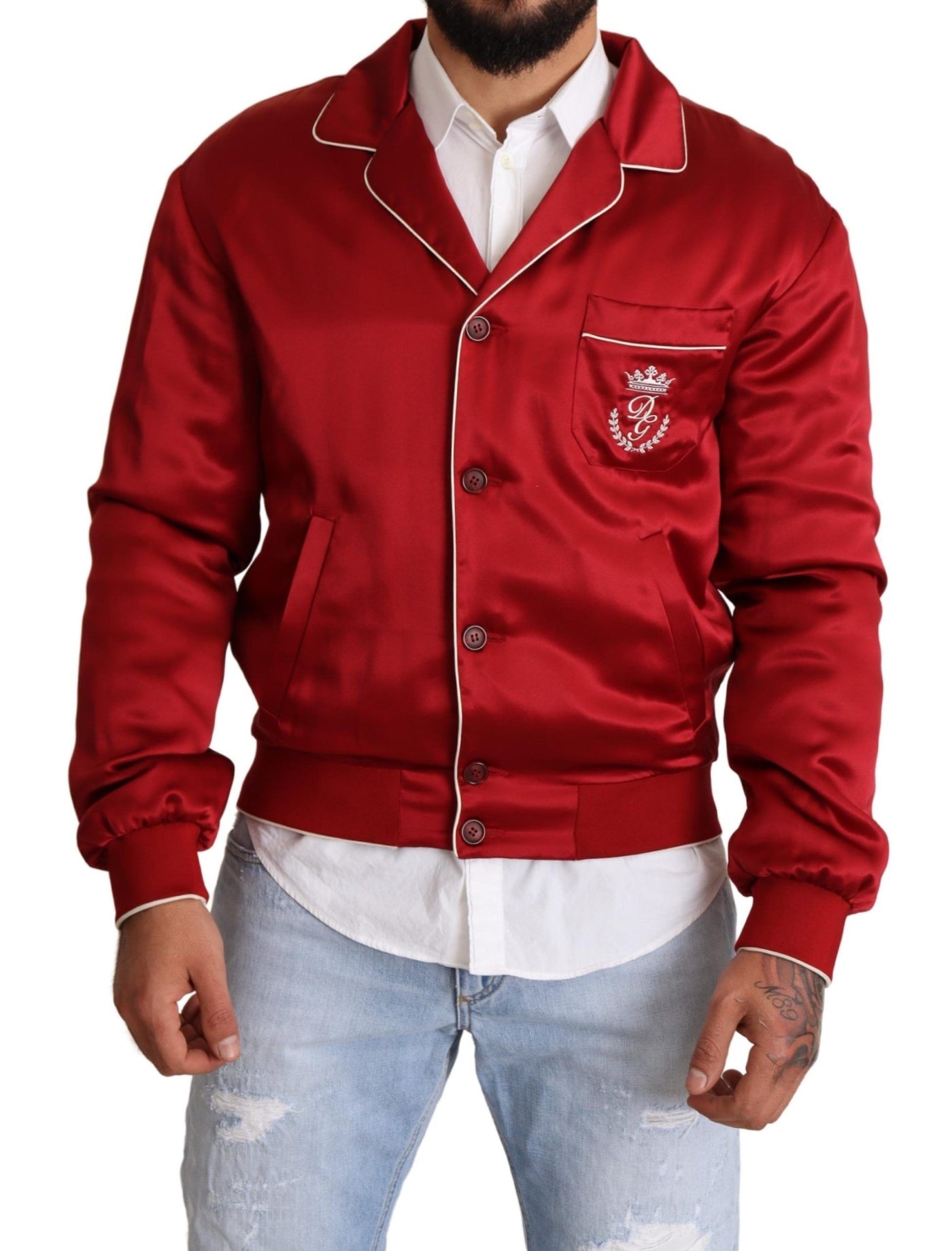 Dolce &amp; Gabbana rode zijden DG-logo bomberjack met knopen