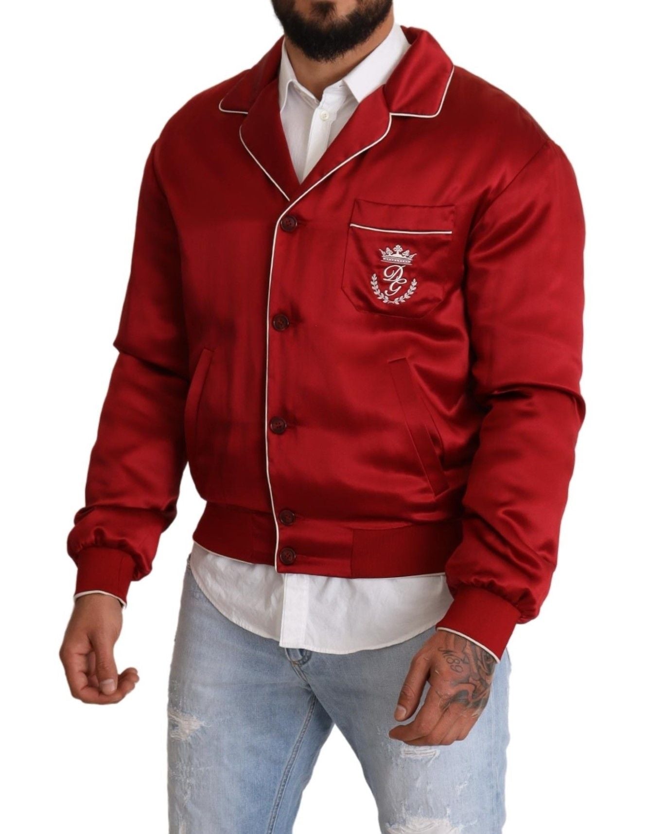 Dolce &amp; Gabbana rode zijden DG-logo bomberjack met knopen