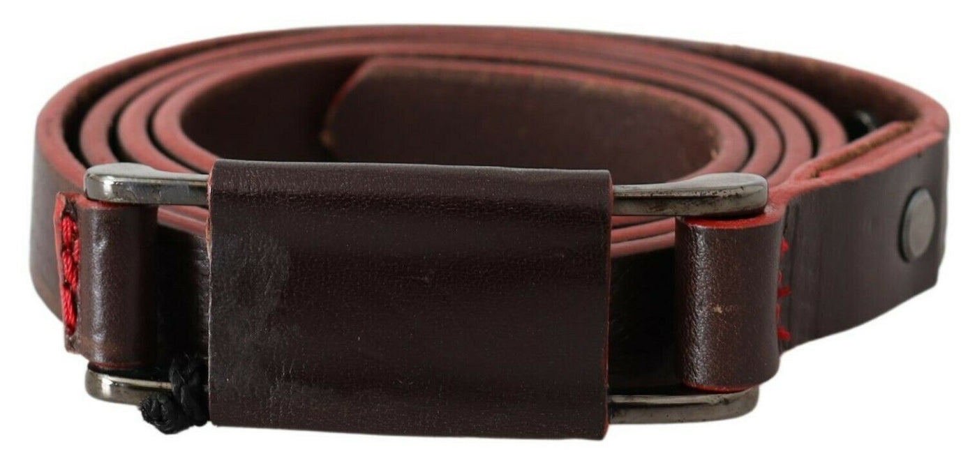 Ceinture en cuir marron à double boucle rustique argentée Costume National