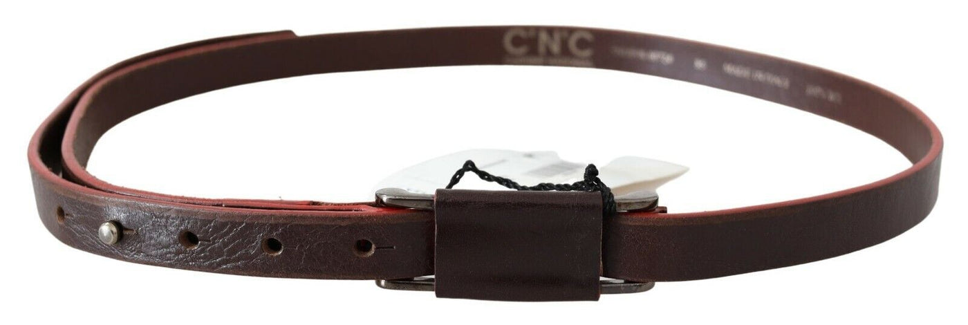 Ceinture en cuir marron à double boucle rustique argentée Costume National