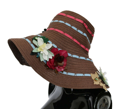 Chapeau en paille tricoté marron à fleurs Dolce &amp; Gabbana