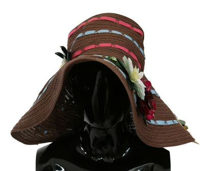 Chapeau en paille tricoté marron à fleurs Dolce &amp; Gabbana