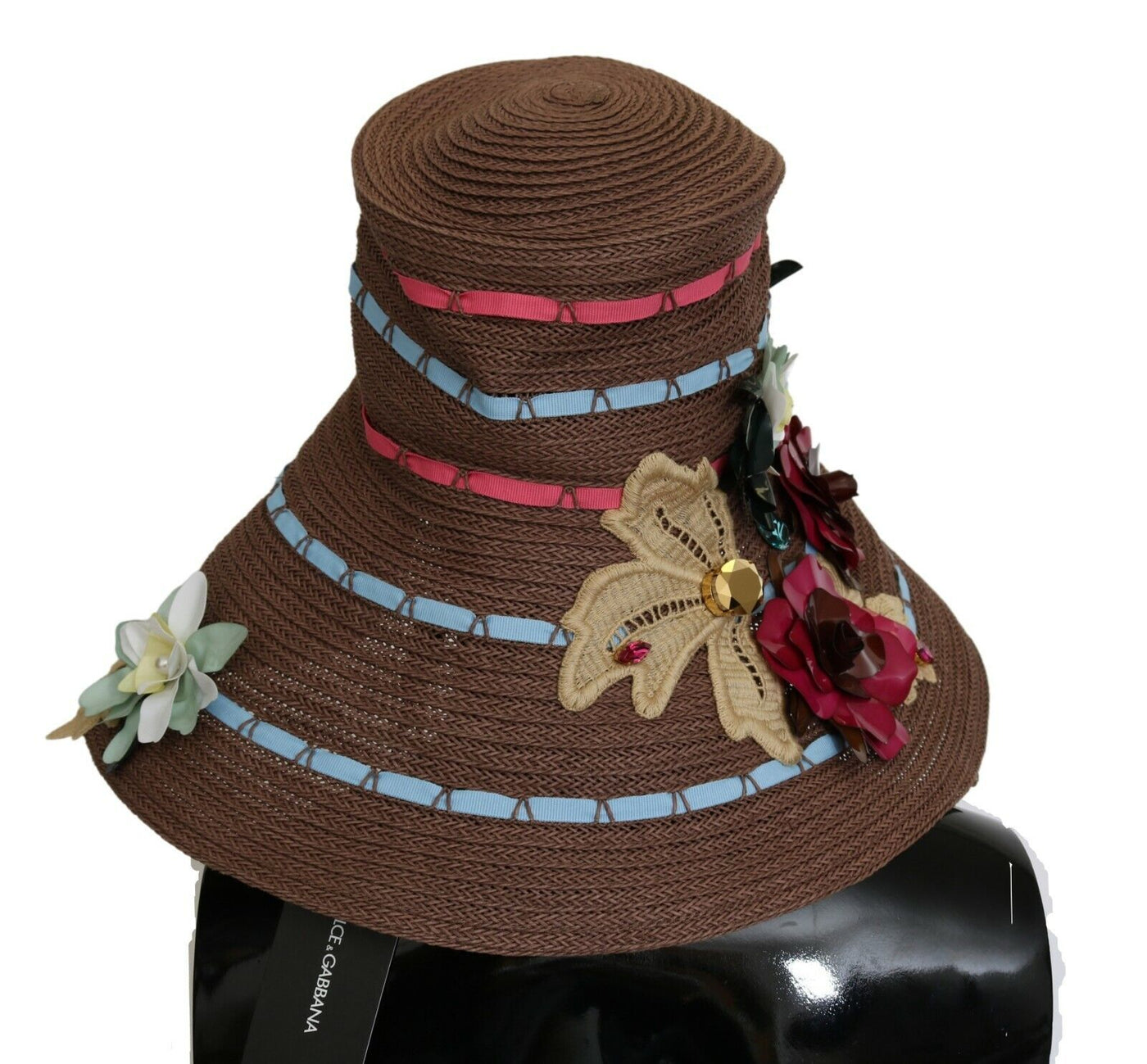 Chapeau en paille tricoté marron à fleurs Dolce &amp; Gabbana