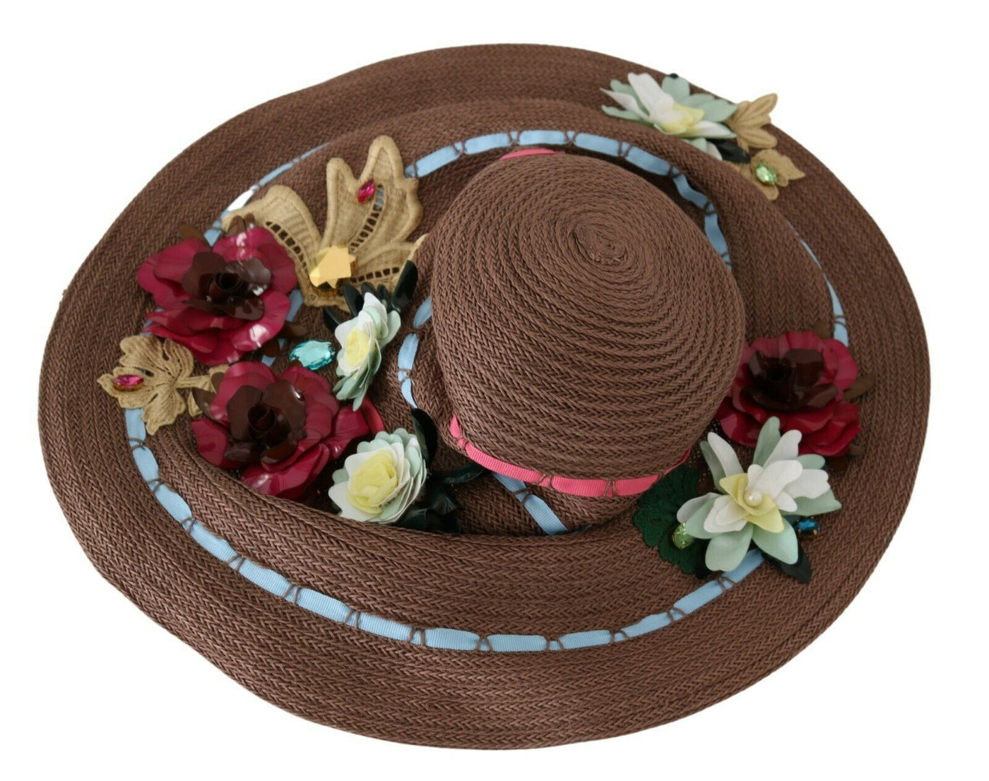 Chapeau en paille tricoté marron à fleurs Dolce &amp; Gabbana