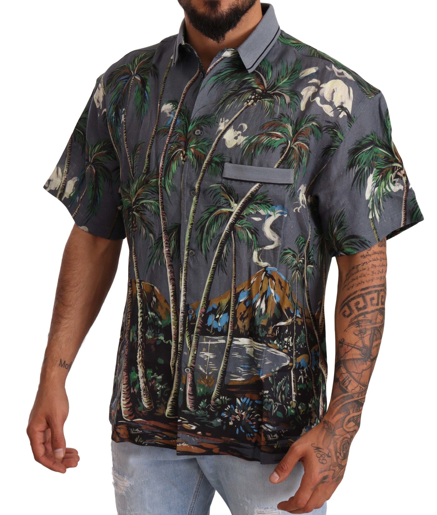 Dolce &amp; Gabbana grijs linnen tropisch print overhemd met kraag