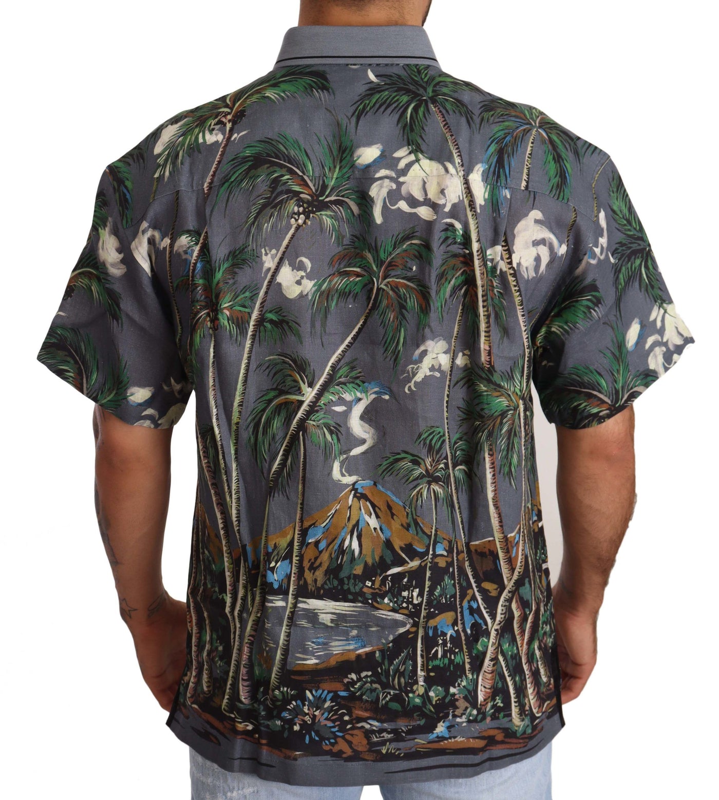 Dolce &amp; Gabbana grijs linnen tropisch print overhemd met kraag