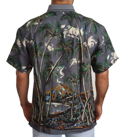 Dolce &amp; Gabbana grijs linnen tropisch print overhemd met kraag