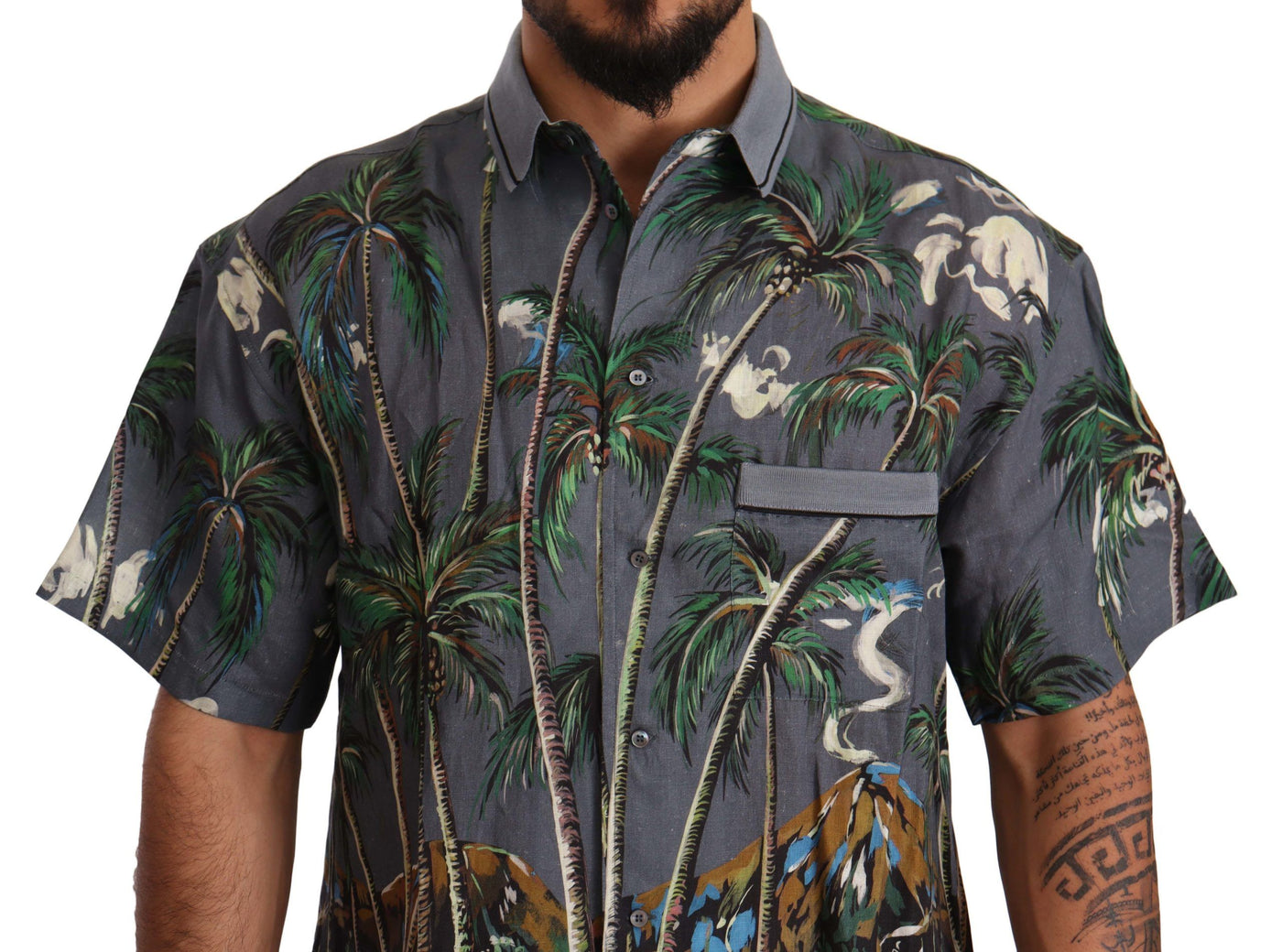 Dolce &amp; Gabbana grijs linnen tropisch print overhemd met kraag