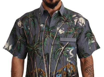 Dolce &amp; Gabbana grijs linnen tropisch print overhemd met kraag