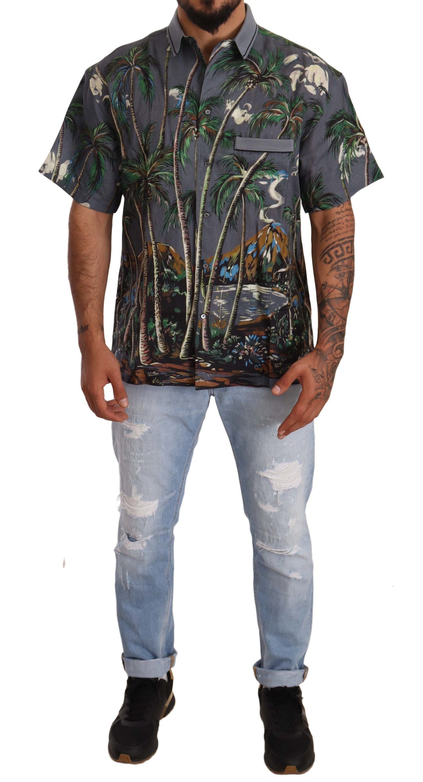 Dolce &amp; Gabbana grijs linnen tropisch print overhemd met kraag