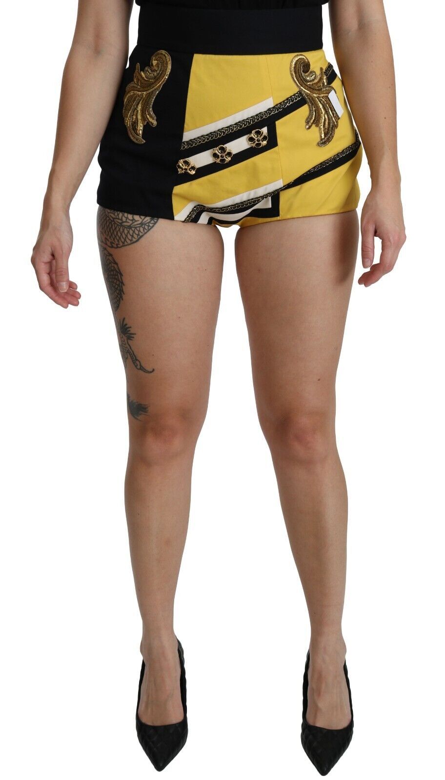 Short chaud Dolce &amp; Gabbana en coton jaune et noir orné de bijoux
