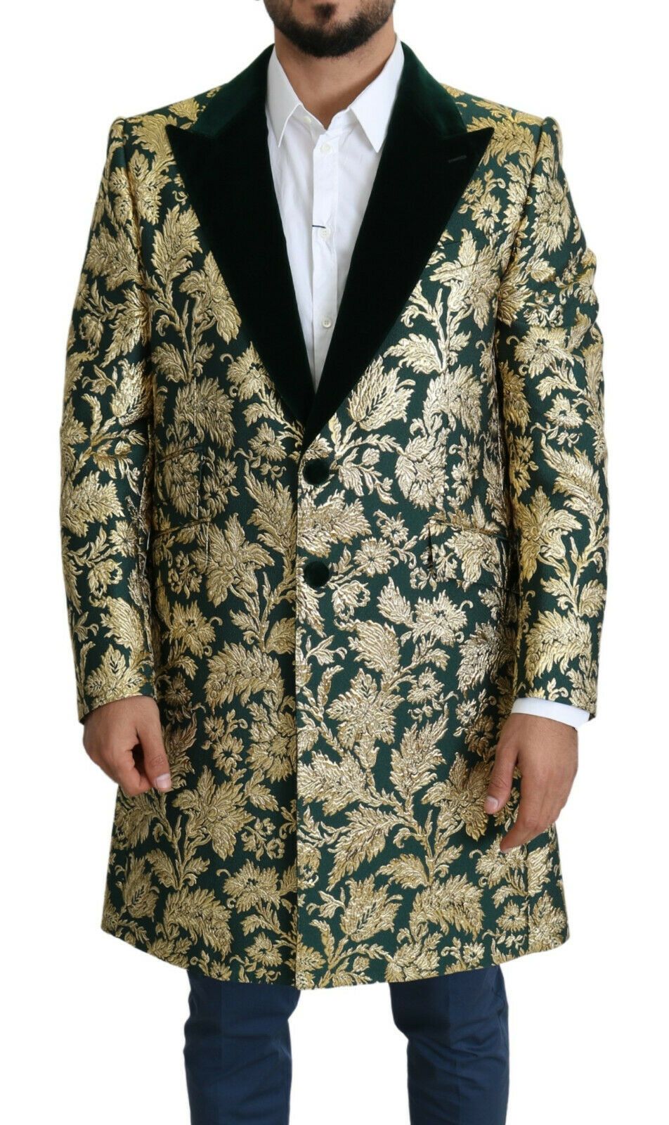 Dolce &amp; Gabbana DOLCE &amp; GABBANA jas SICILIA groengouden jacquard lange jas