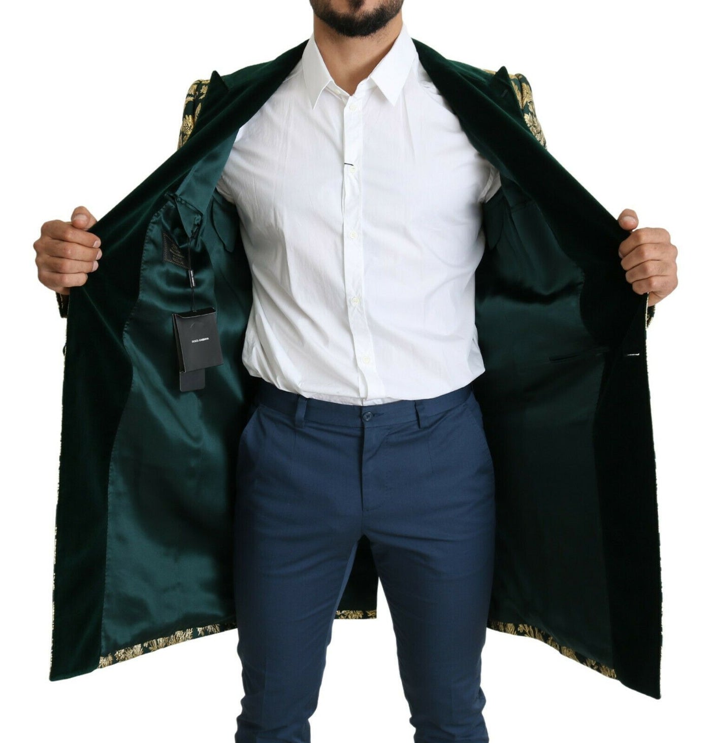Dolce &amp; Gabbana DOLCE &amp; GABBANA jas SICILIA groengouden jacquard lange jas