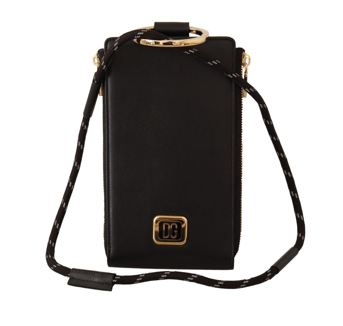 Dolce &amp; Gabbana Zwarte Leren Logo Plaque Nekband Kaart- en Muntenportemonnee